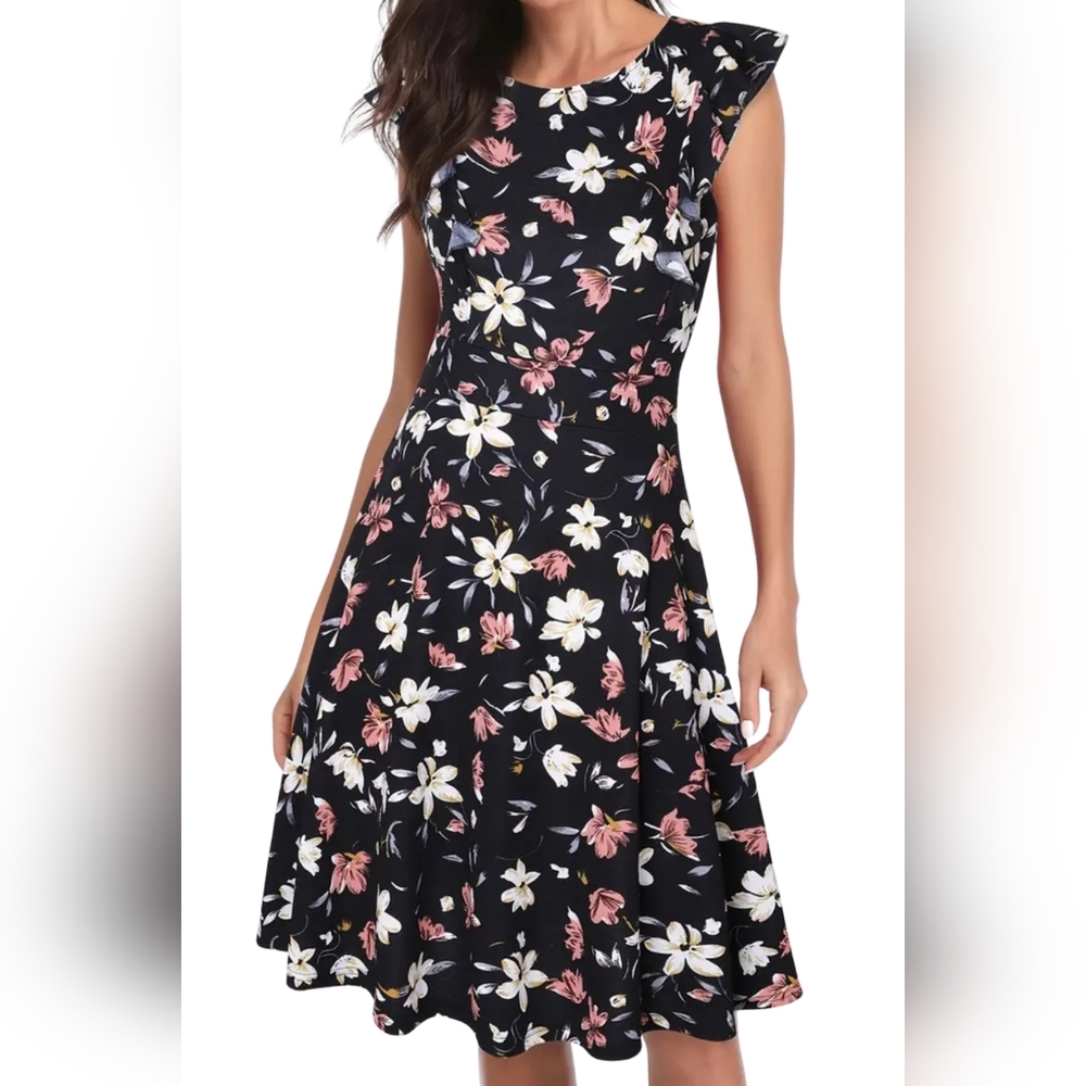 Yathon XL Black Floral Fit & Flare Dress Ruffled Flutter Sleeves 3022-Y
